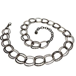 Silver Two Tone Double Ring Loop Belt Women's Embossed Antique Metal Style OS